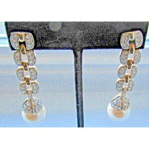Art Deco Earrings  Gold Tone  Faux Pearl & Rhinestones Drop Dangling  Long